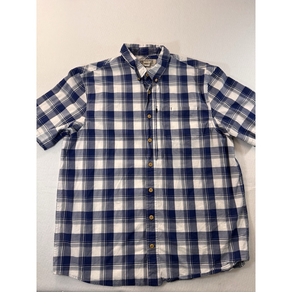 Duluth Trading Co Mens Button Down XLT Blue Plaid Short Sleeve Zipper Pocket EUC